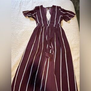 Women’s Burgundy Striped V-Neck short romper Dress
